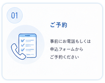 ①ご予約
事前にお電話もしくは申込フォームからご予約ください