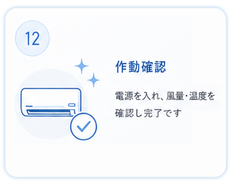 ⑫作動確認
電源を入れ、風量・温度を確認し完了です