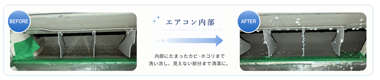 エアコン内部
内部にたまったカビ・ホコリまで洗い流し、見えない部分まで清潔に。