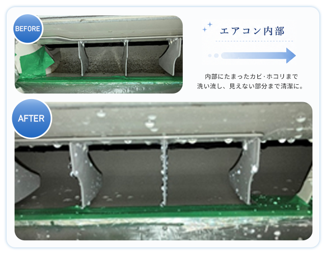 エアコン内部
内部にたまったカビ・ホコリまで洗い流し、見えない部分まで清潔に。